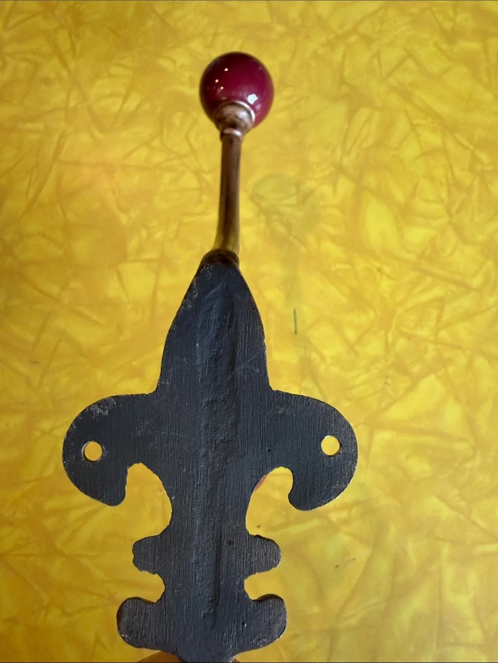Source Unknown Metal Wall Hook with Deep Red Ceramic Knobs